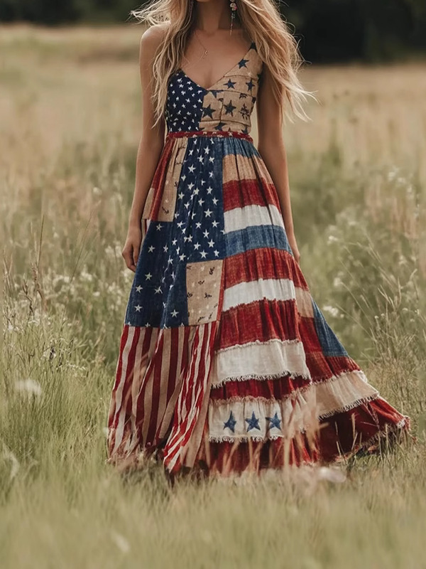 Women America Flag Summer Dress V Neck Sleeveless A-Line Dress