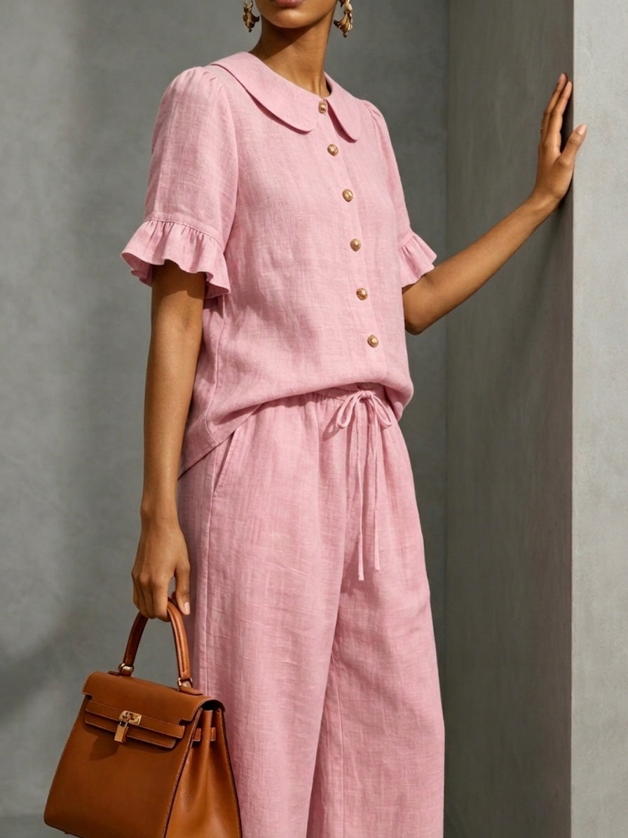 Today 49% off🔥Stylish Ruffled Shirt And Wide-leg Pant Linen Two-piece Set
