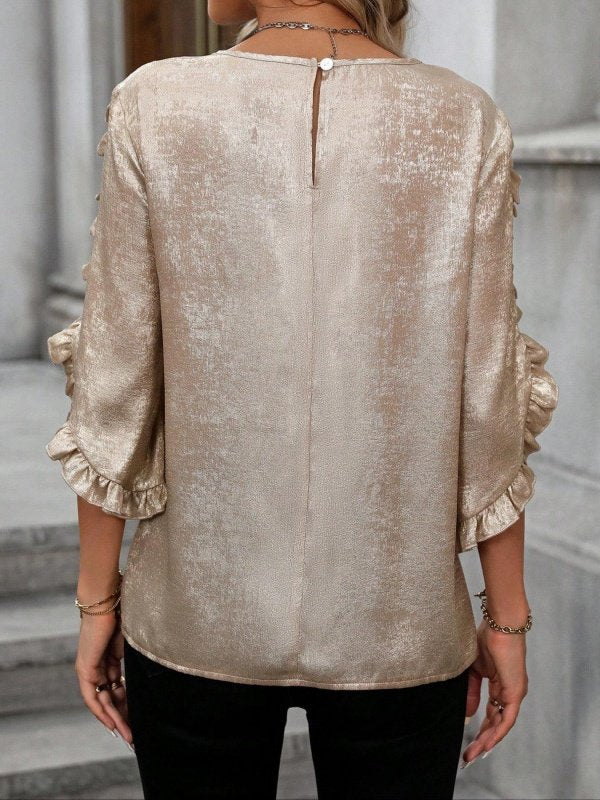 Women's Three Quarter Sleeve Shirt Spring/Fall Champagne Plain Split Joint Crew Neck Ruffle Sleeve Daily Going Out Casual Top