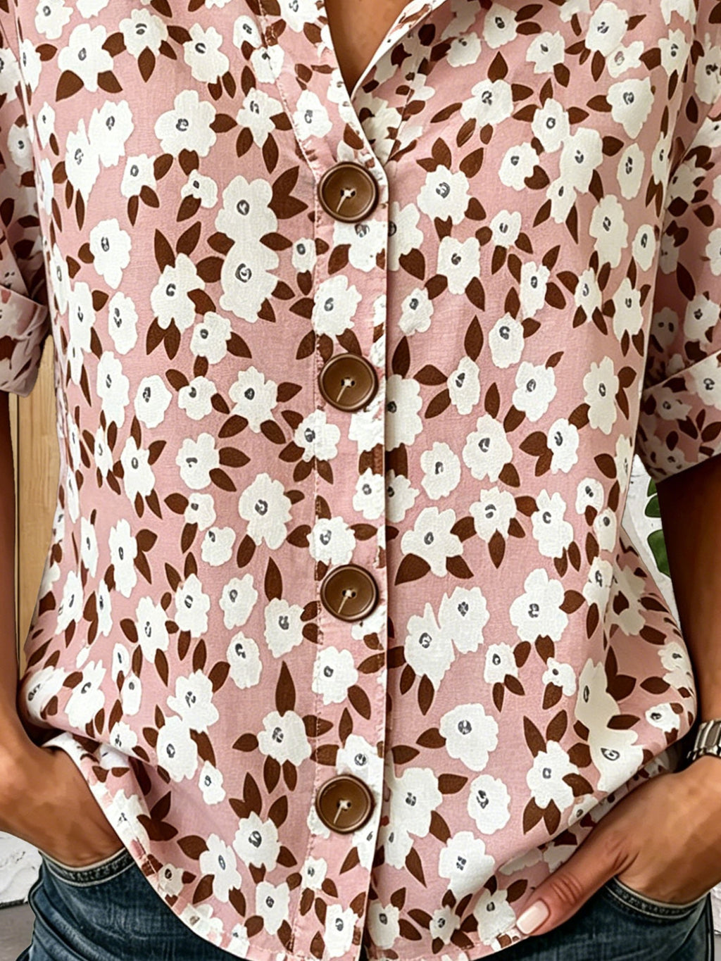 Vintage Pink Floral Stand Collar Botton Spring Summer Linen Blend Casual Shirt
