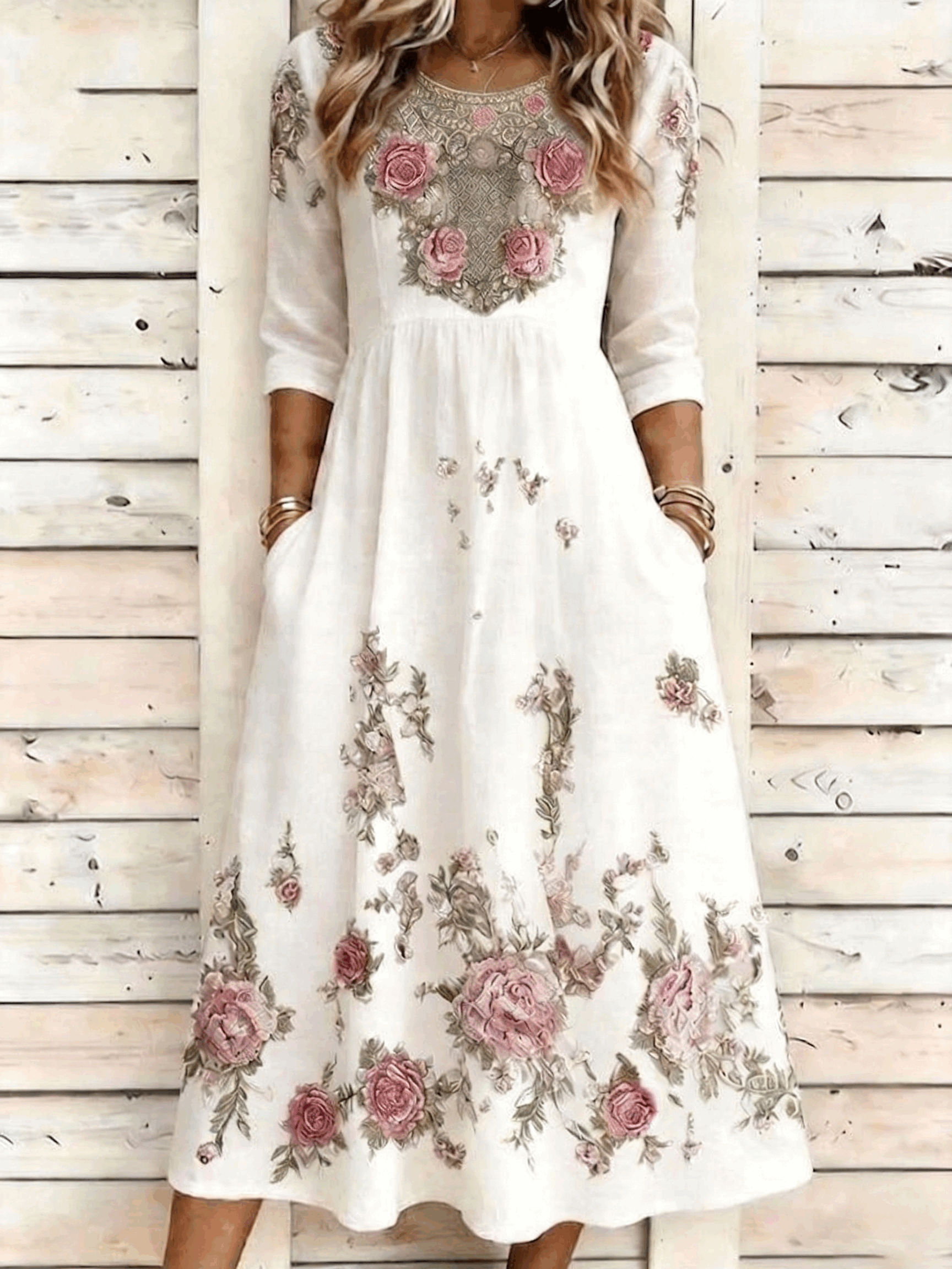 Rose Floral Print Casual A-Line Maxi Dress with Pockets