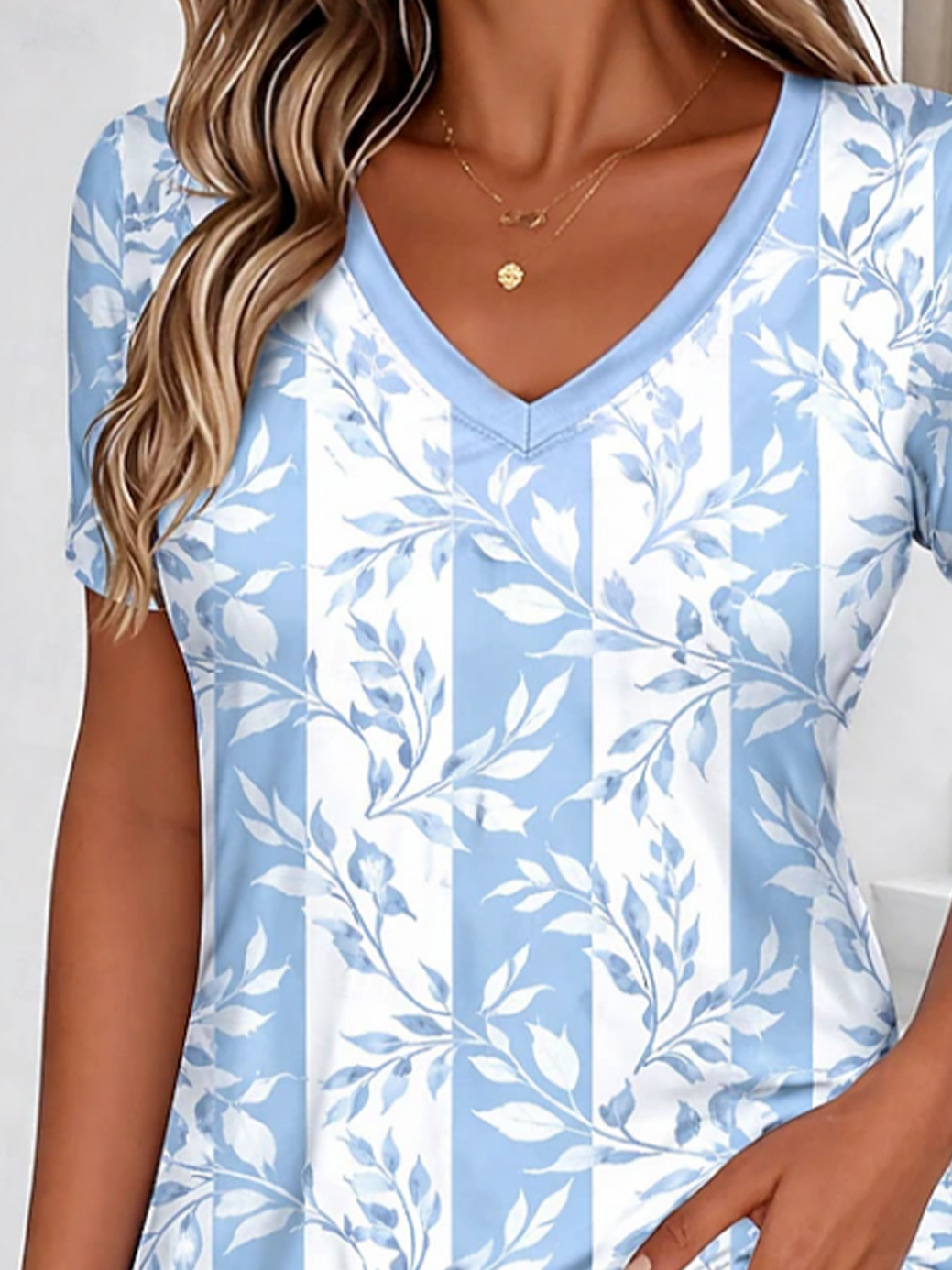 Women's Short Sleeve T-shirt Summer Blue Floral Printing V Neck Holiday Going Out Vintage Top