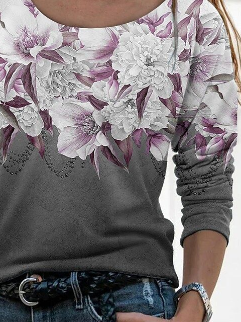 Women's Long Sleeve T-shirt Spring/Fall Gray Floral Printing Jersey Crew Neck Daily Going Out Casual Top