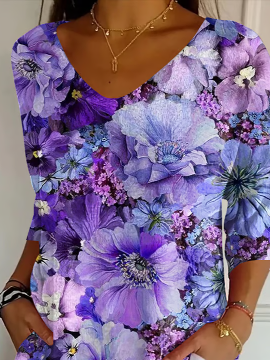 Women Casual Floral V neck Printing Daily Loose T-shirt