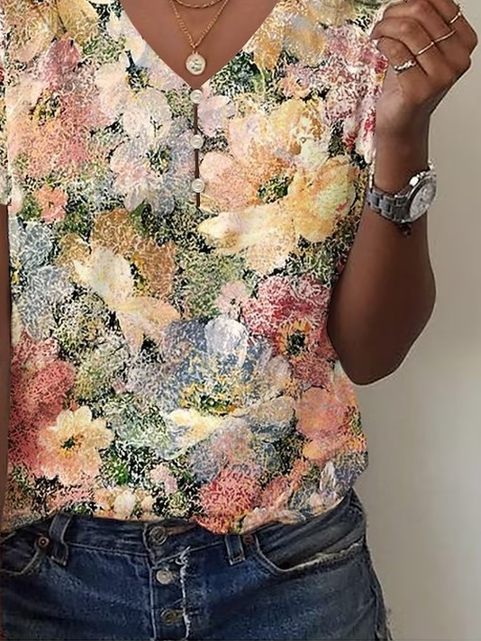 Print Casual V Neck Short Sleeve T-Shirt