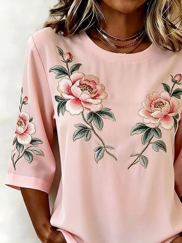 Women's Half Sleeve Blouse Summer Pink Floral Printing Crew Neck Daily Going Out Vintage Top