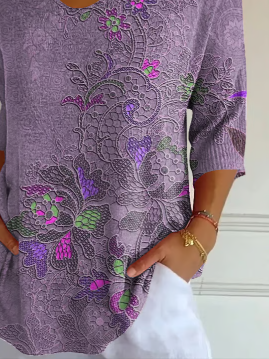 Women's Floral Print V neck Casual T-Shirt
