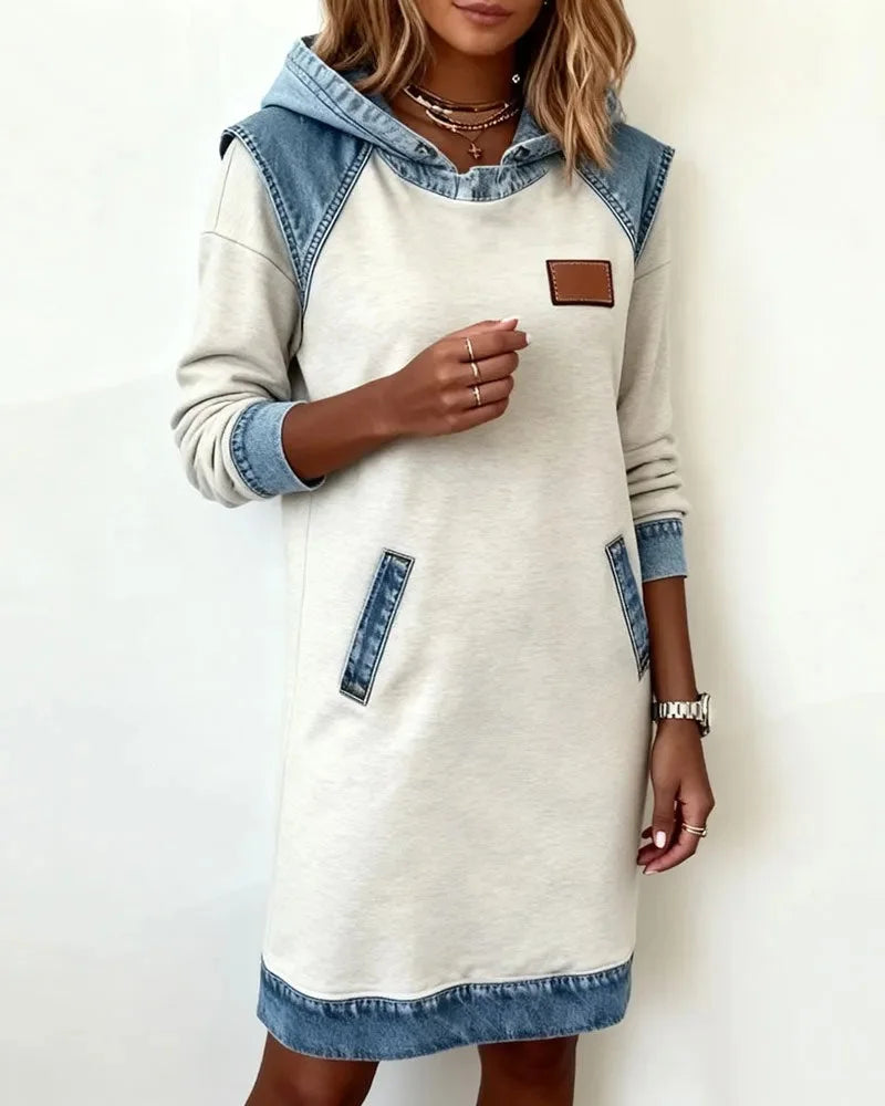 Women’s White Jean Patchwork Long Sleeve Hooded Midi Sweatshirt Dress