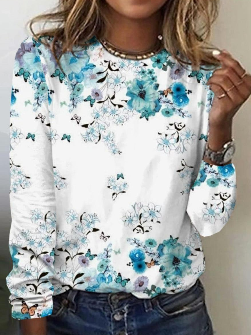 Women Casual Floral Spring/Fall Daily Loose Jersey Long Sleeve Crew Neck Regular T-shirts