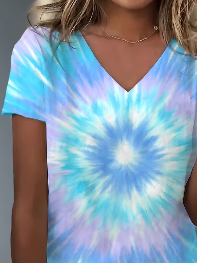 Women's Short Sleeve T-shirt Summer Blue Abstract Printing V Neck Holiday Going Out Vintage Top