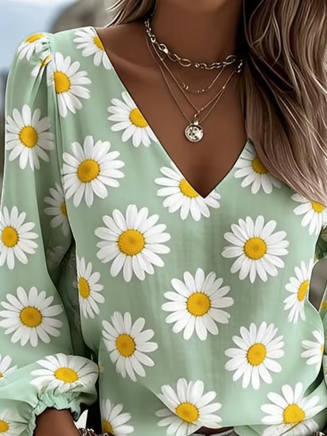 Women's Long Sleeve Blouse Spring/Fall Green Floral Printing V Neck Daily Going Out Casual Top