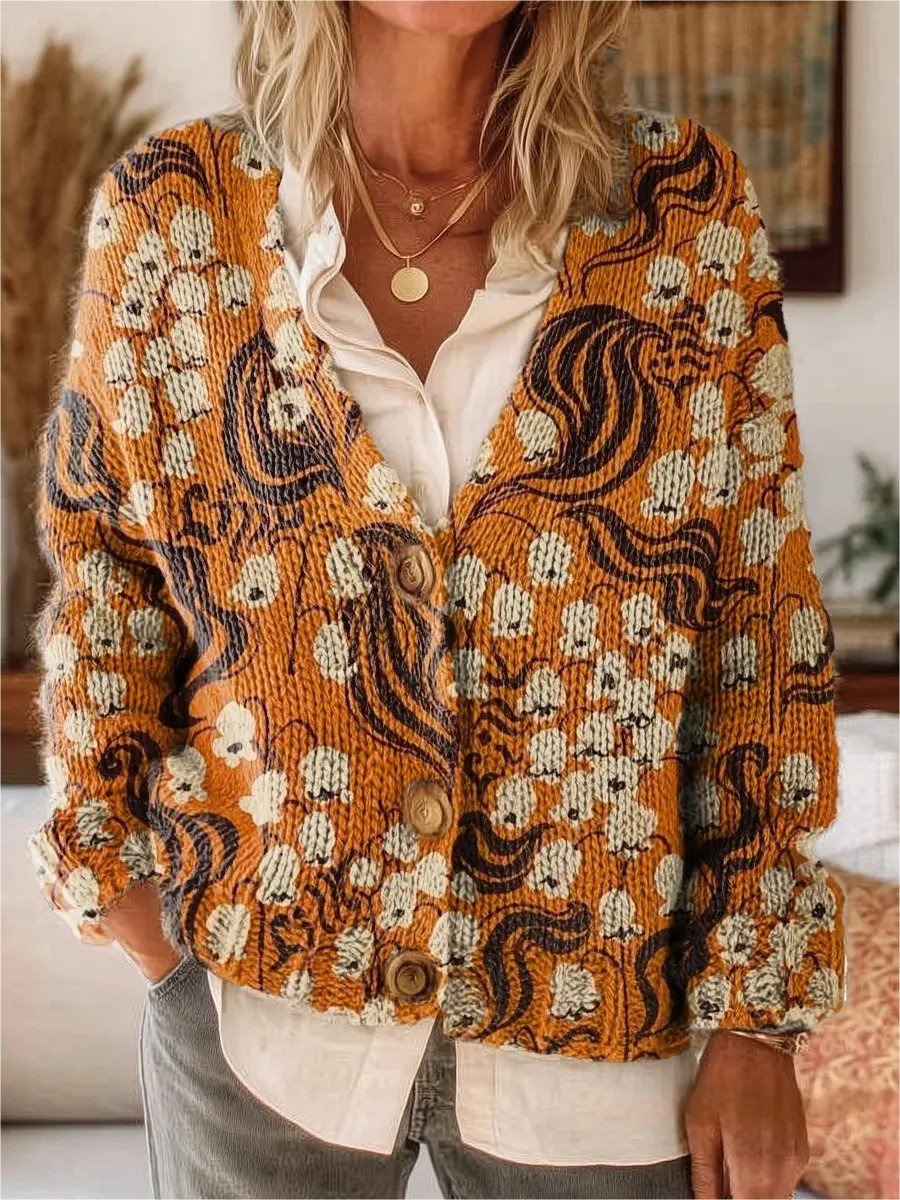 Women's Vintage Multicolor Collage Floral Print Button-Up V-Neck Cardigan Sweater