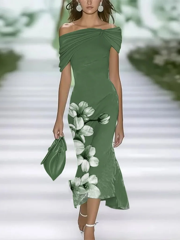 Women's Cap Sleeve Summer Green Floral Printing Cold Shoulder Daily Going Out Vintage Maxi H-Line Dress