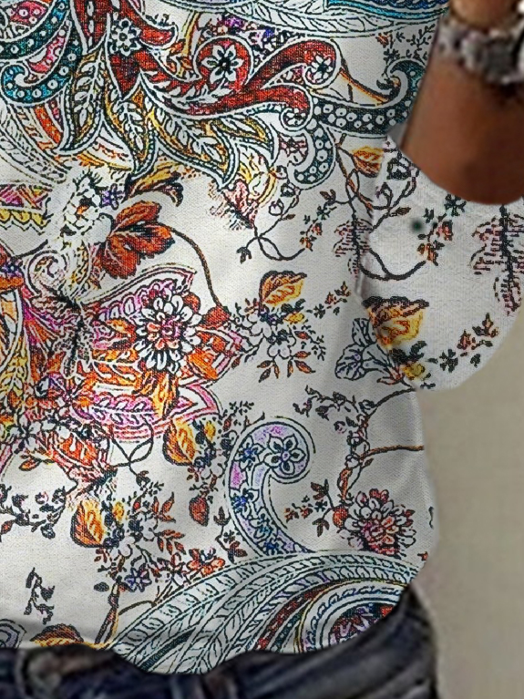 Ethnic Print Long Sleeve V-Neck T-shirt