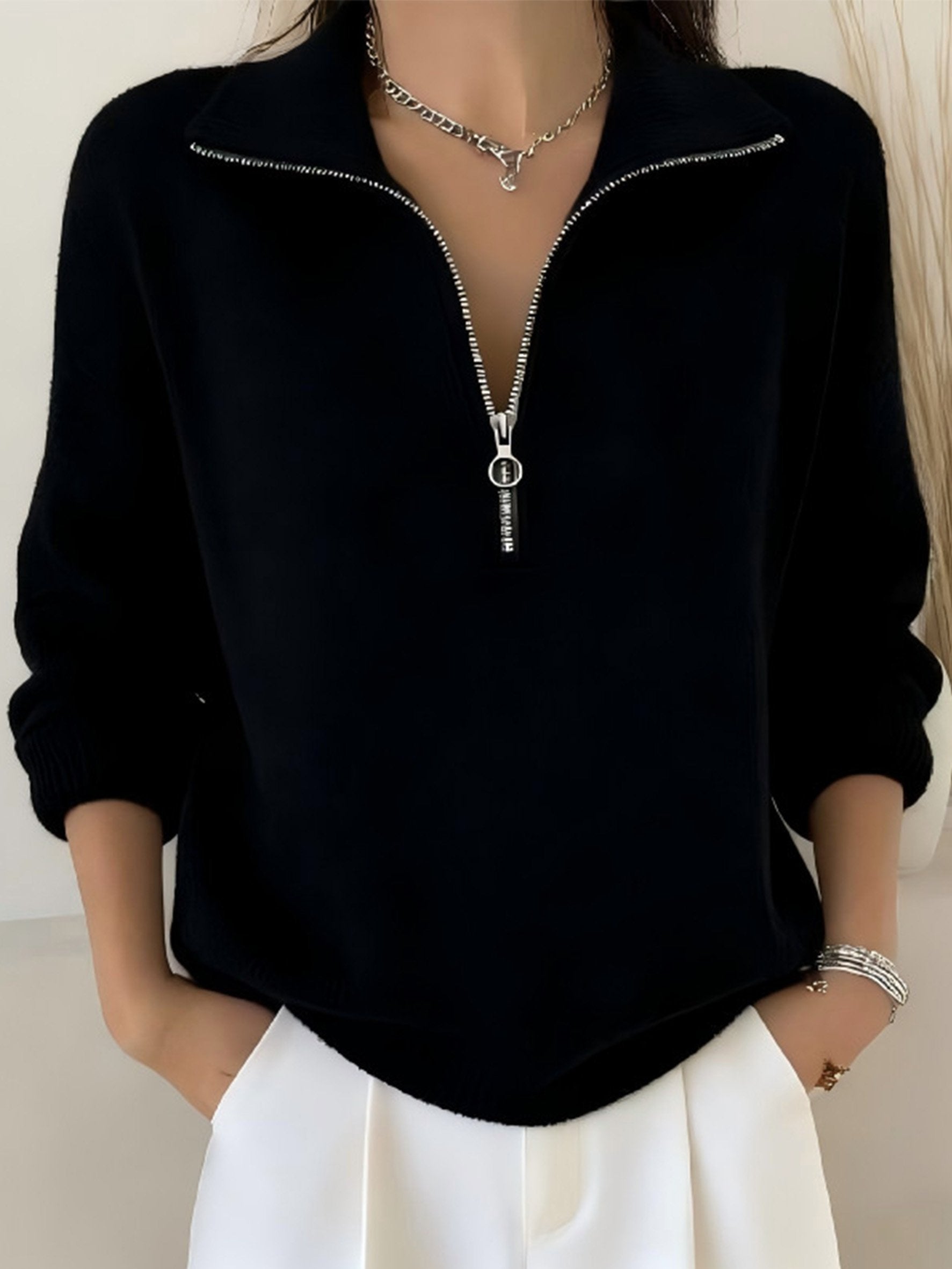 Women's Plain Elegant Yarn/Wool Shawl Collar Zipper Sweater
