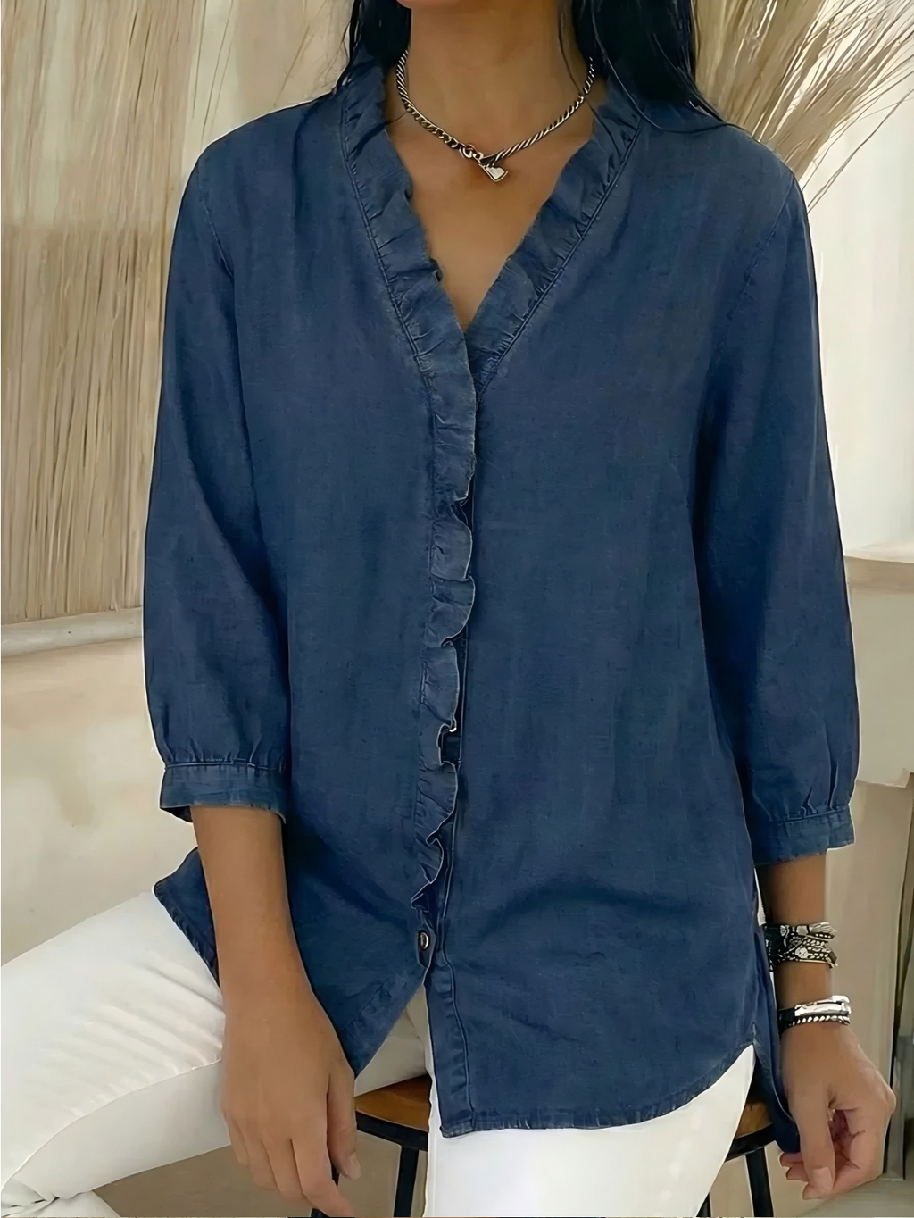 Plain Elegant V Neck Ruffle Denim Blouse