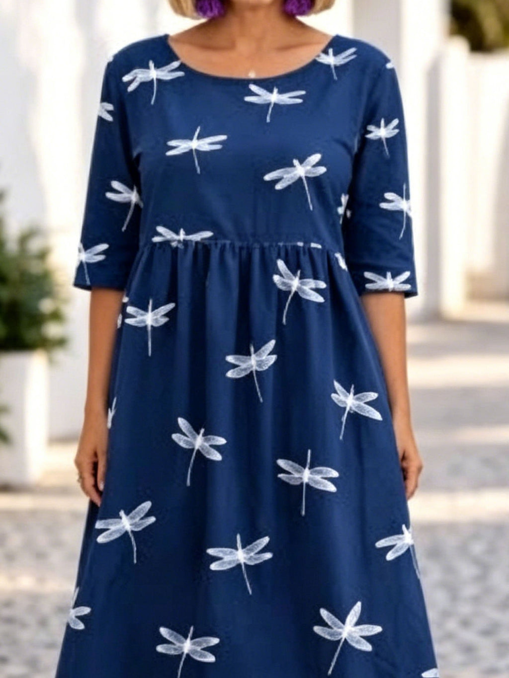 Women's As Picture Dragonfly Printed Casual Crew Neck Cotton-Blend Casual Midi Dress