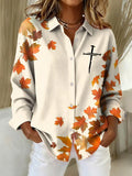 Women's Autumn Thanksgiving Fallen Leaves Cross Print Casual Lapel Shirt