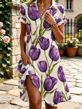 Regular Fit Shirt Collar Floral Elegant Dress With No