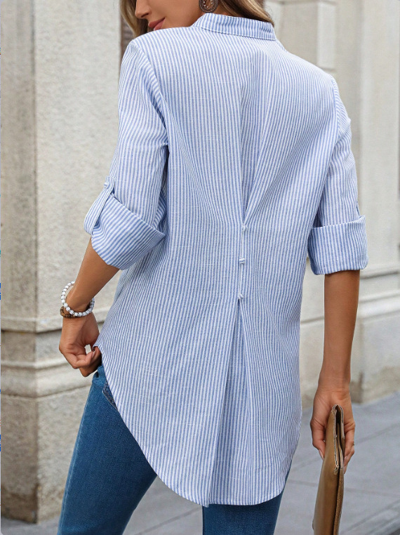 Light Blue Striped V-Neck Top