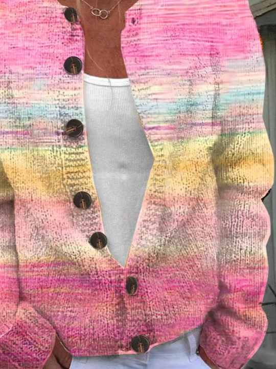 Women's Abstract Print Casual Long Sleeve Button Cardigan Sweater