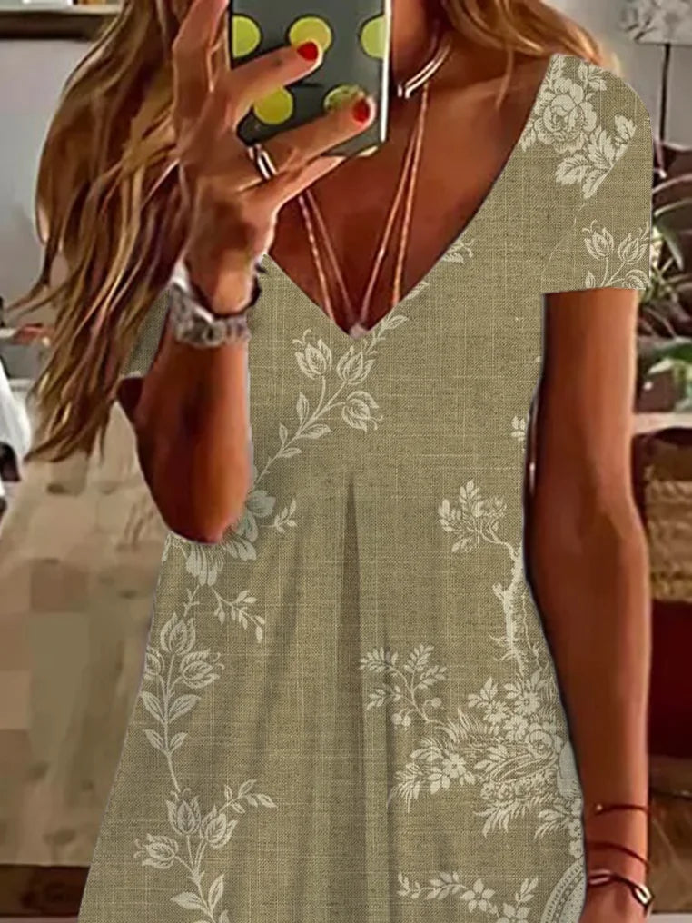 Women's Floral Spring Print Casual V-Neck Short Sleeve Dress