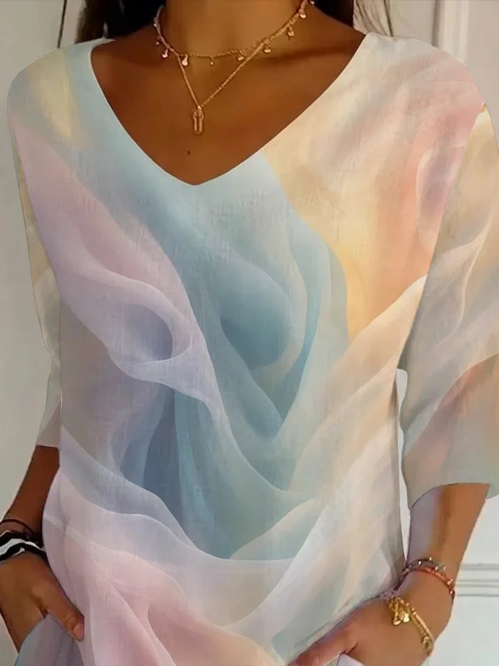 Women's Three Quarter Sleeve T-shirt Spring/Fall As Picture Abstract Printing V Neck Daily Going Out Casual Top