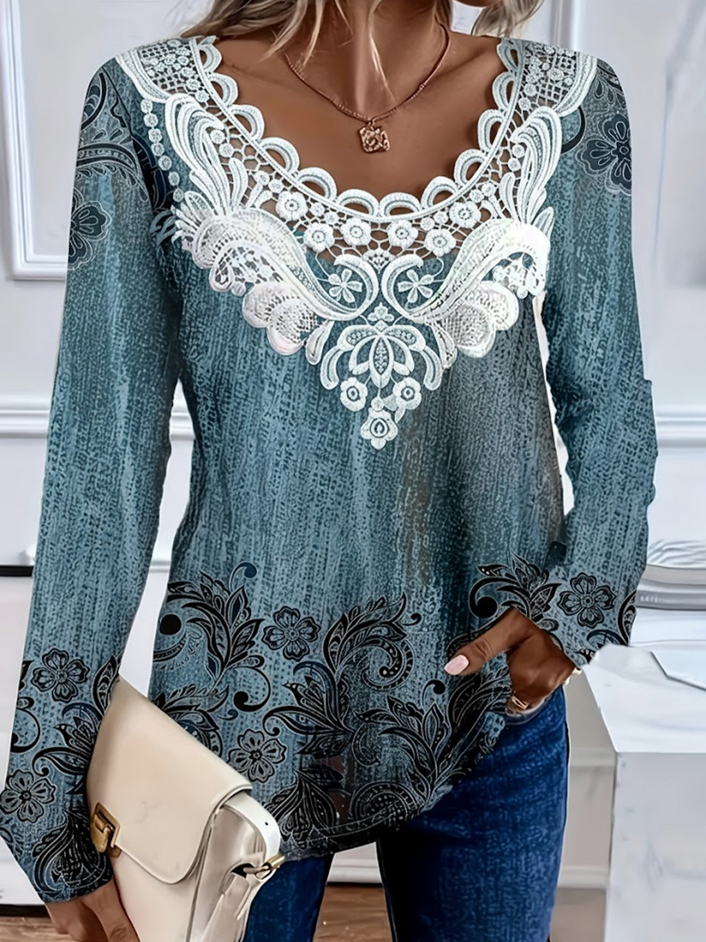 Women's Long Sleeve T-shirt Spring/Fall Blue Floral Printing Crew Neck Daily Going Out Casual Top