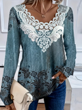 Women's Long Sleeve T-shirt Spring/Fall Blue Floral Printing Crew Neck Daily Going Out Casual Top