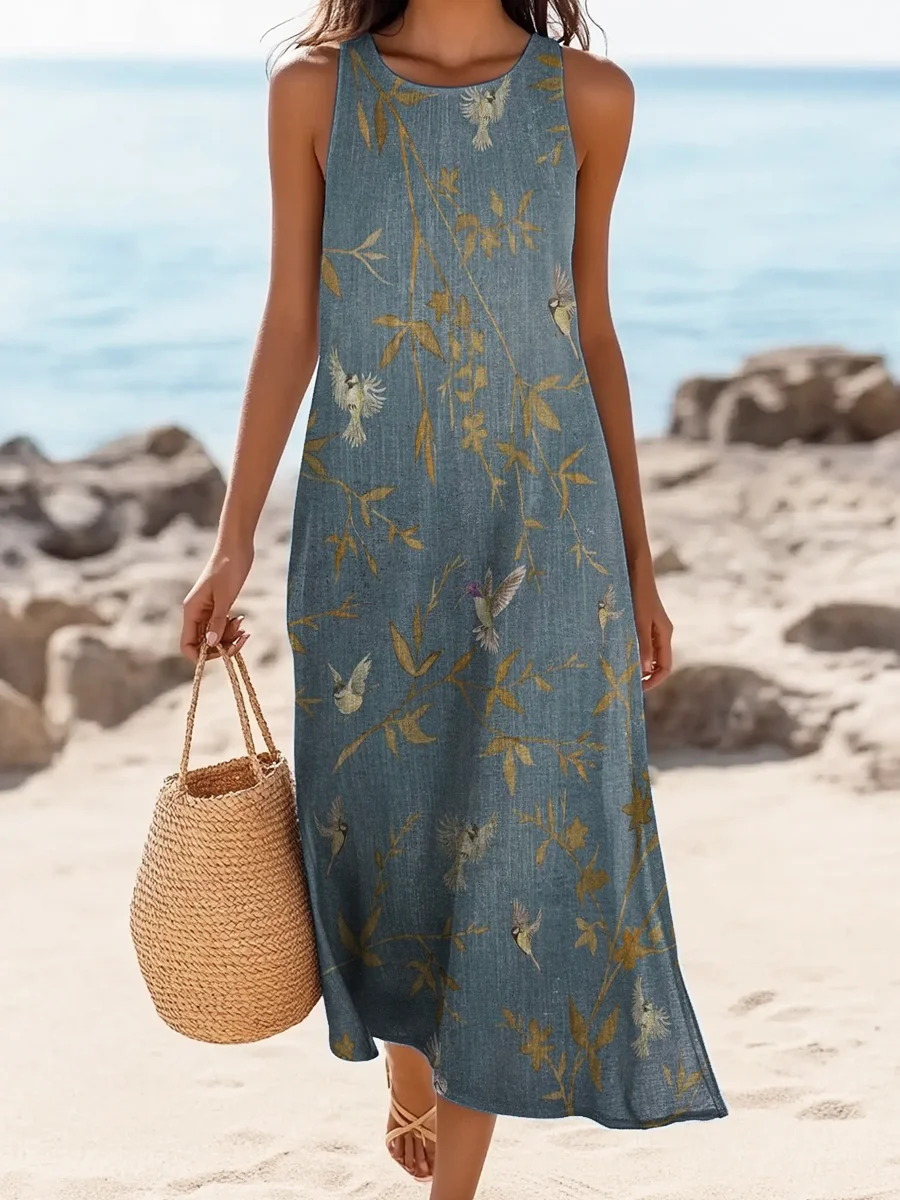 Women's Sleeveless Summer Blue Floral Printing Crew Neck Daily Going Out Casual Maxi H-Line Tank Dress