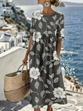 Vintage Floral Round Neck Short Sleeve Casual Dress