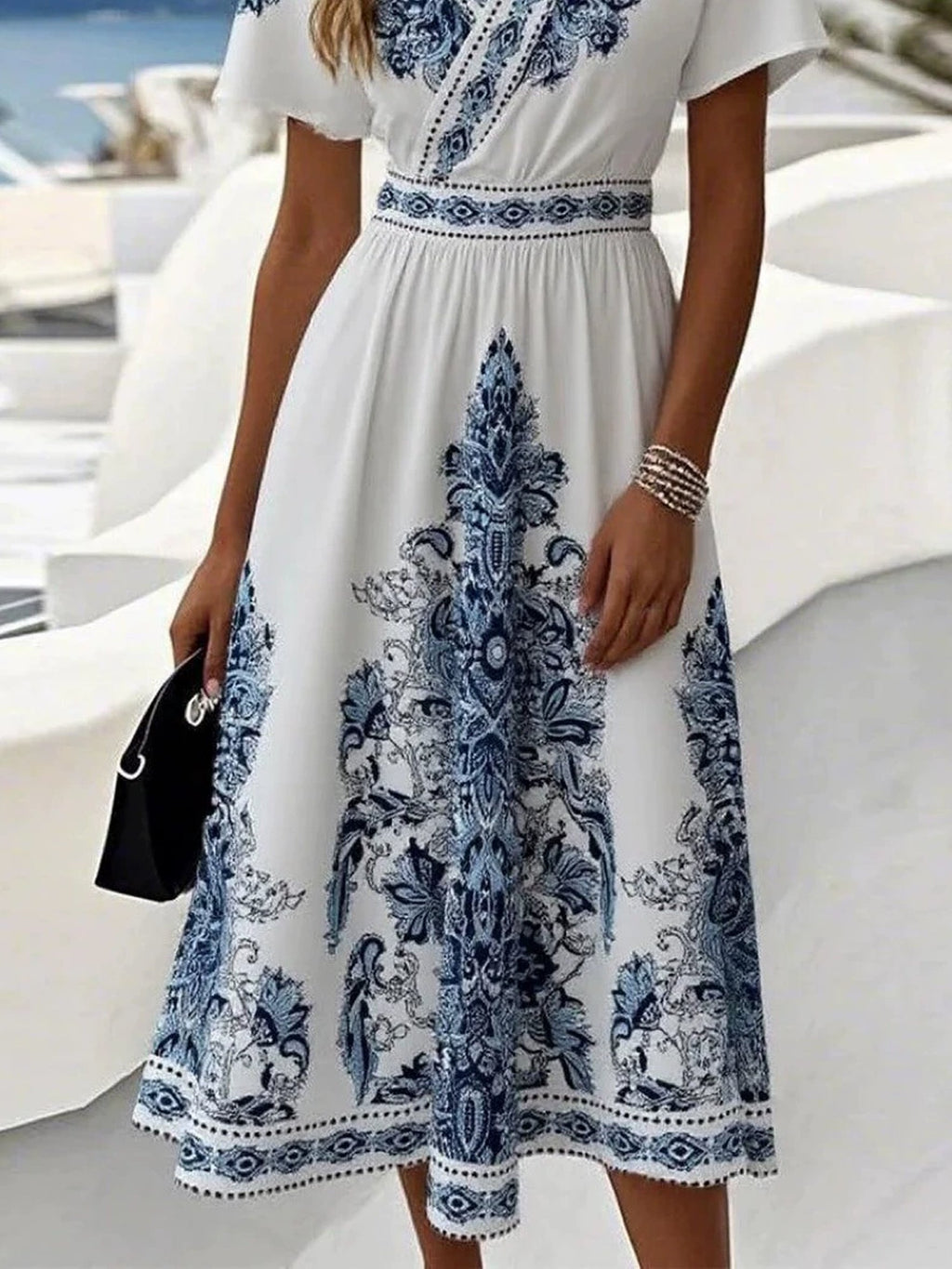 Blue Ethnic Floral Short Sleeve V Neck Summer Going Out Vacation Casual Dress
