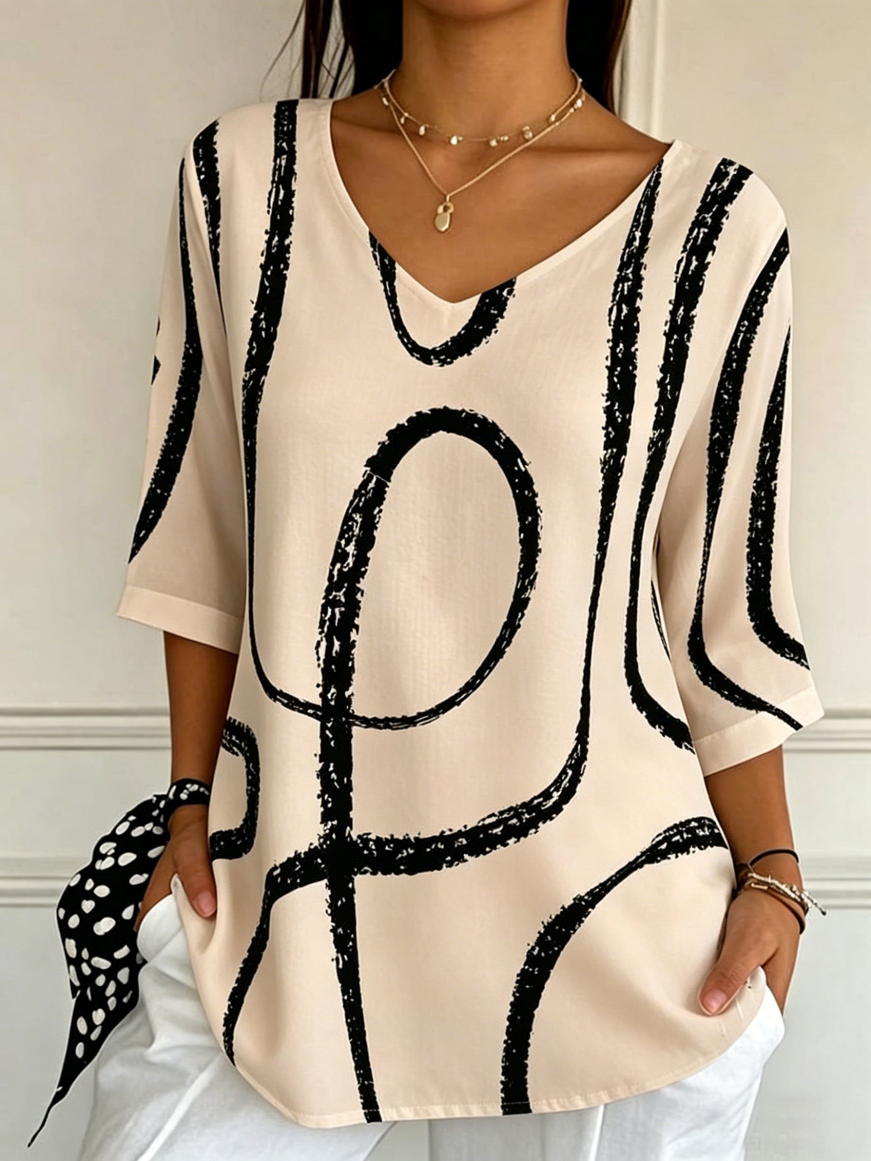 Women's Three Quarter Sleeve T-shirt Spring/Fall Vintage Abstract Geometric Print V Neck Daily Going Out Casual Top
