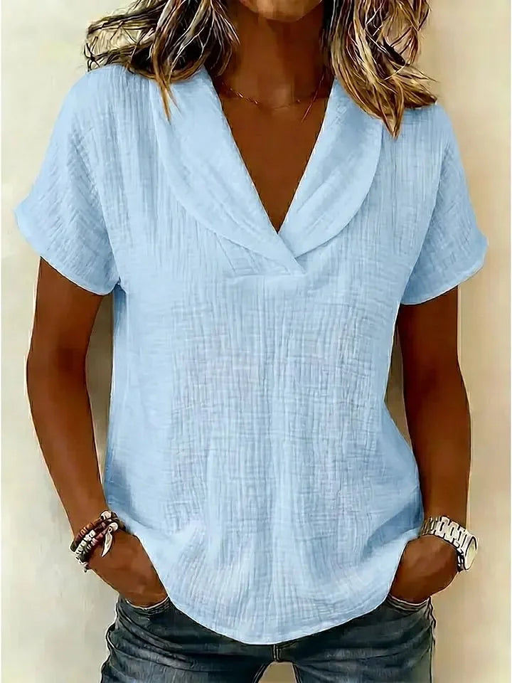 Women's Solid Color V-Neck Short Sleeve Blouse Casual Crinkle Texture Top with Shawl Collar