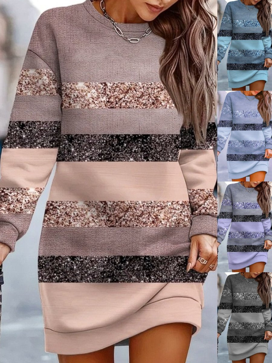 Women's Long Sleeve Spring/Fall Khaki Color Block Split Joint Crew Neck Daily Going Out Vintage Mini A-Line Hip Skirt Dress