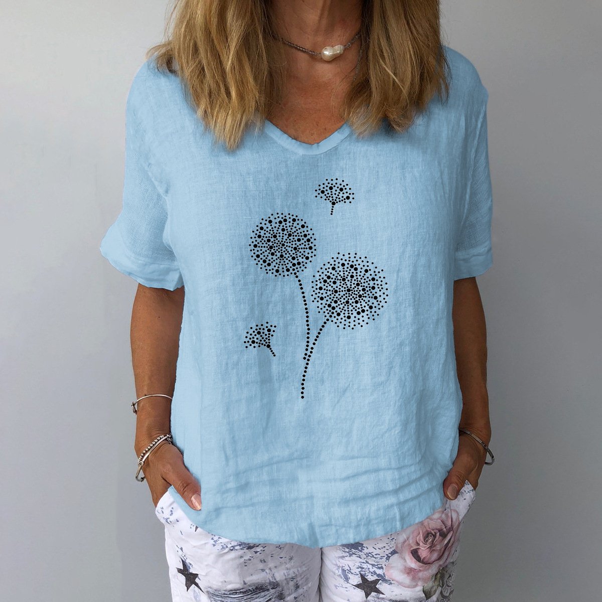 Women's V-Neck Short-Sleeve Blouse â€?Textured Linen
