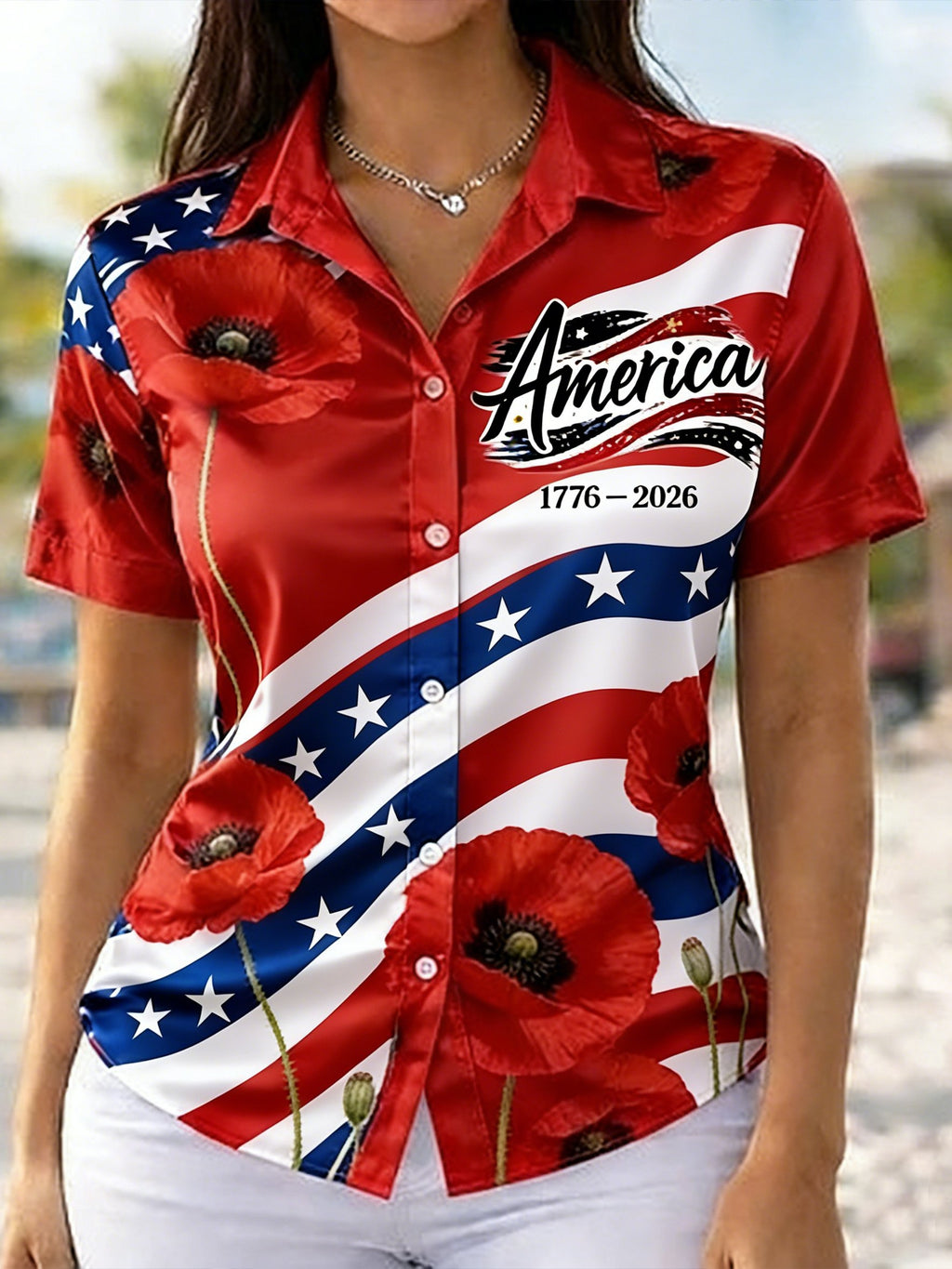 Women's 250th Anniversary Of The Founding Of the United States Vintage Short Sleeve Shawl Collar 3D Printing Daily Going Out Casual Shirt