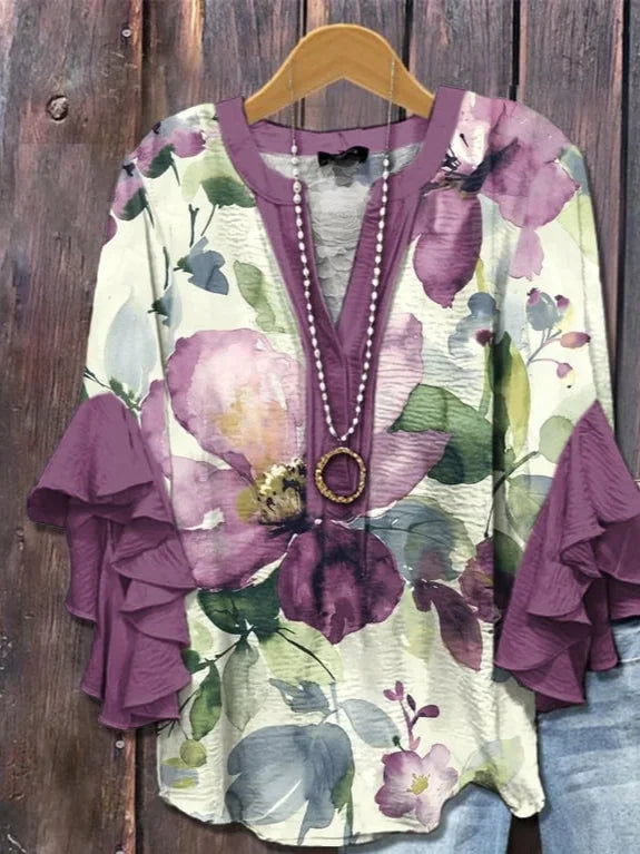 Women's Half Sleeve Shirt Summer Purple Floral Printing V Neck Daily Going Out Casual Top
