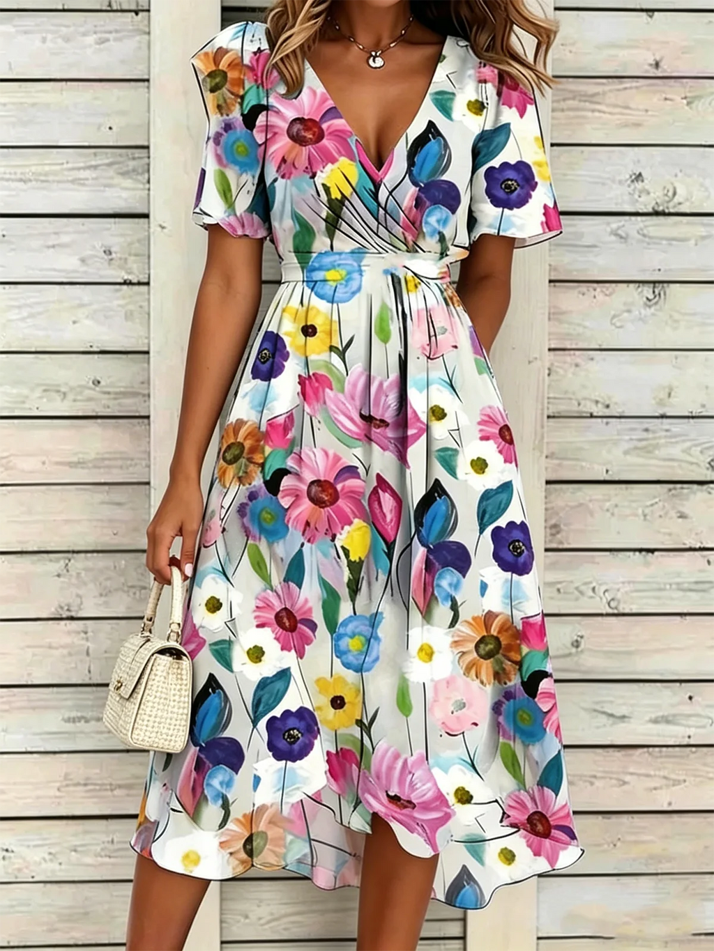 Regular Fit V Neck Elegant Floral Dress With No