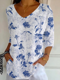Women's Three Quarter Sleeve T-shirt Spring/Fall Blue Floral Printing V Neck Daily Going Out Casual Top
