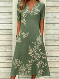 Leaf Print V Neck Short Sleeve Midi Dress Casual Loose Linen Dress