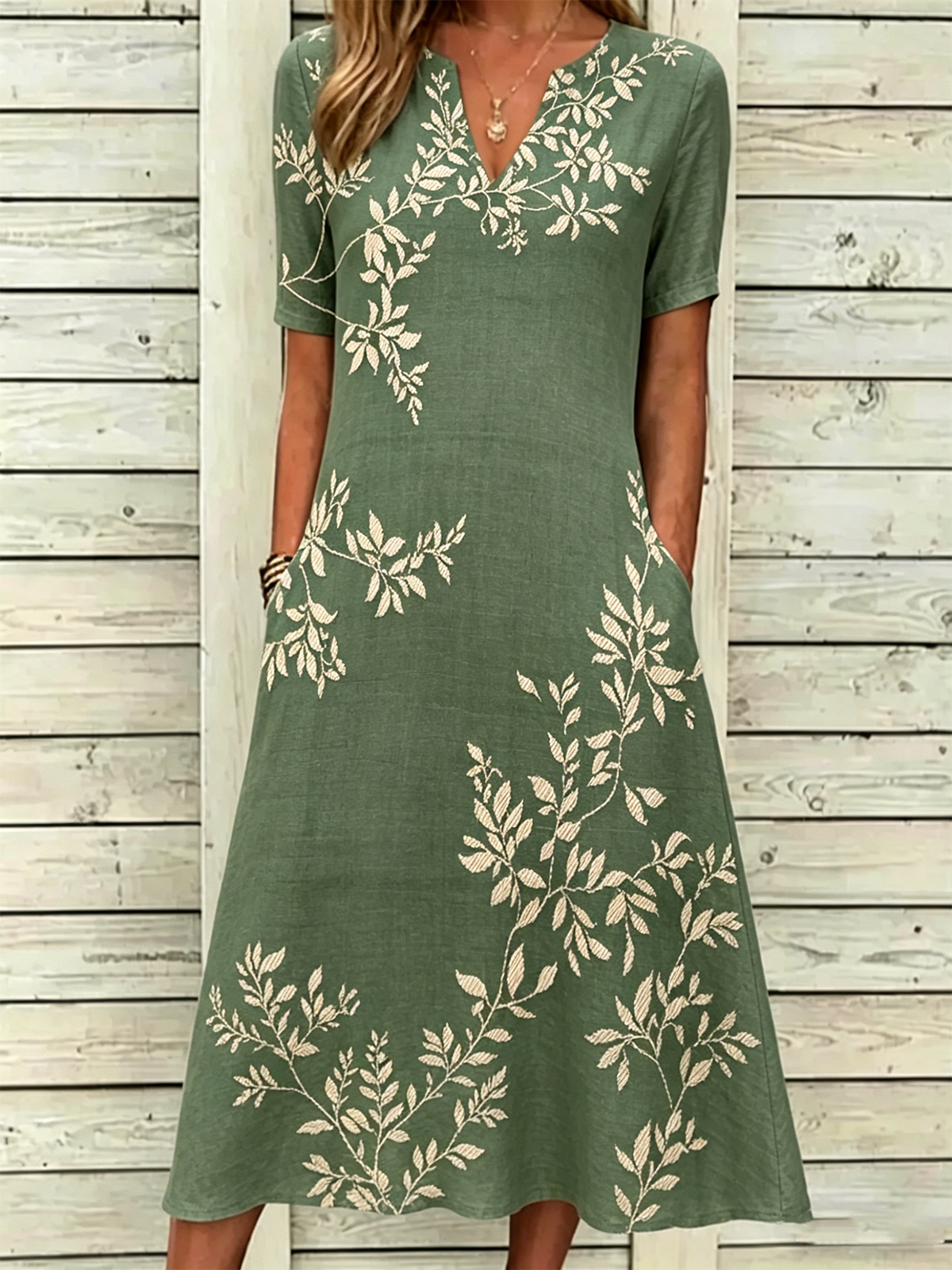 Leaf Print V Neck Short Sleeve Midi Dress Casual Loose Linen Dress