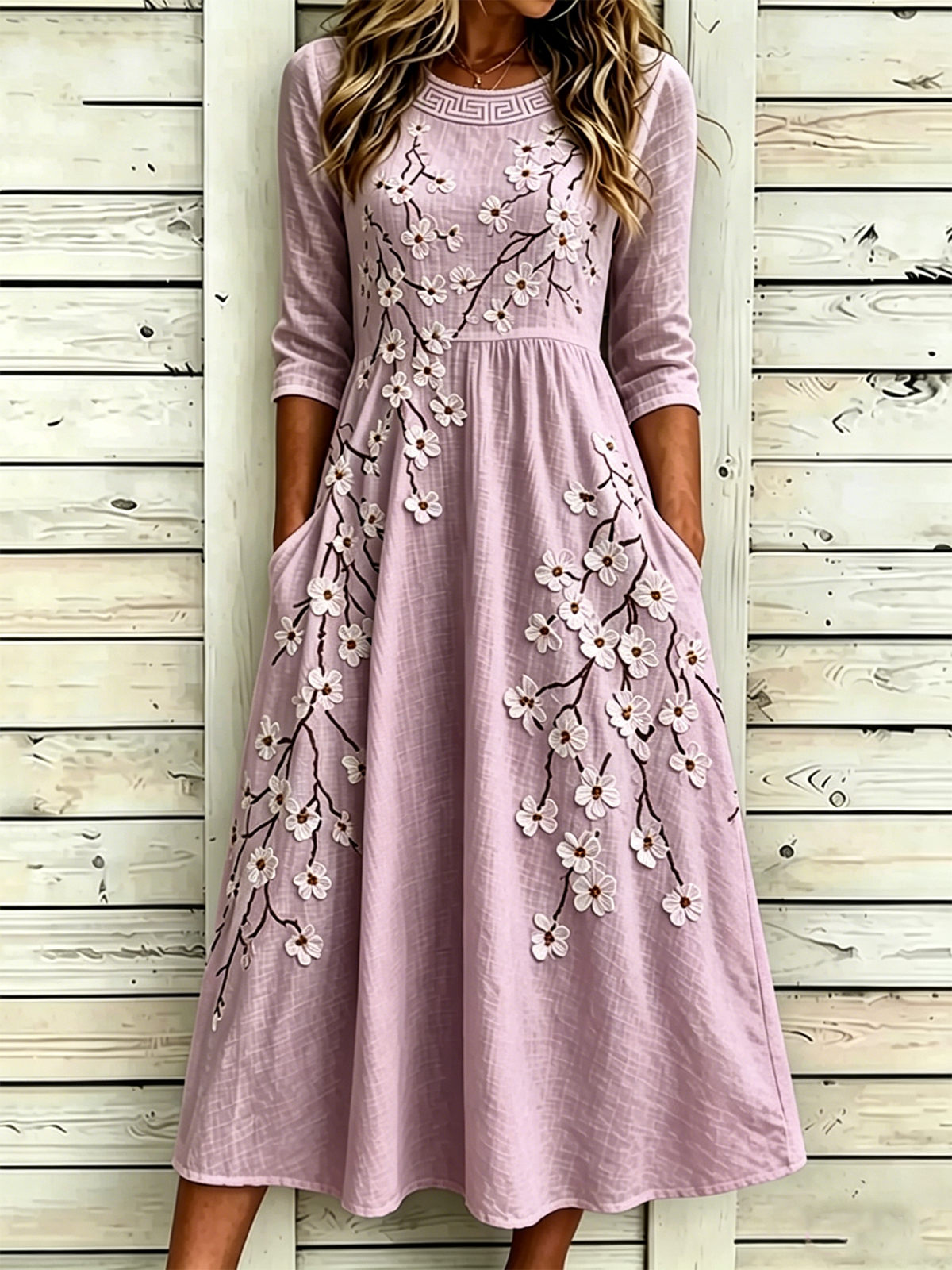 Women’s White Floral Branch Print Boho Cotton Linen Maxi Dress with Short Sleeves