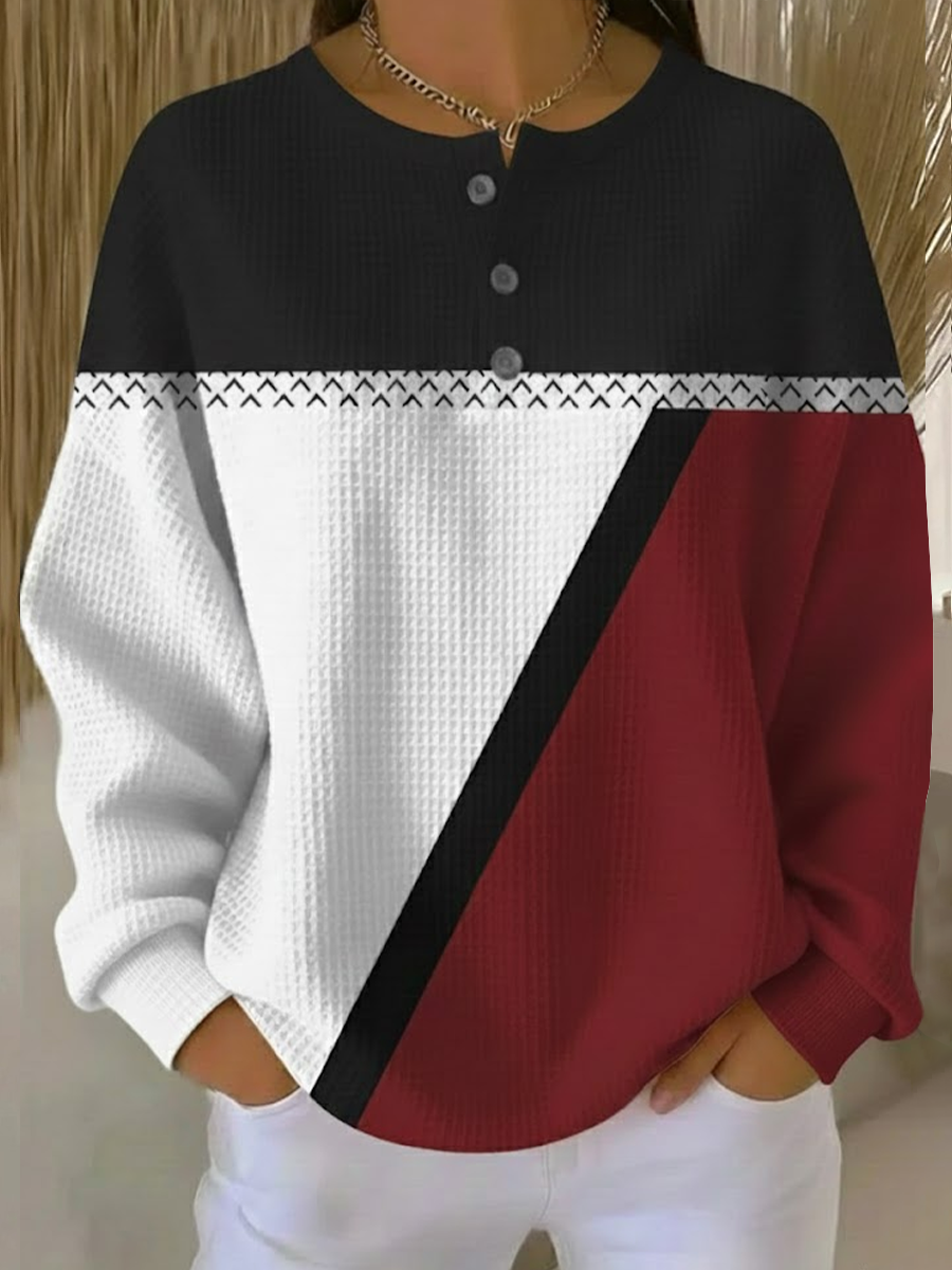 Women's Abstract Print Button-Up Casual Waffle Knit Sweatshirt