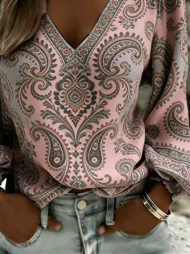 Women's Long Sleeve Blouse Spring/Fall Pink Paisley Printing V Neck Daily Going Out Casual Top