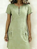 Plain Cotton Linen Short Sleeve Round Neck Zipper Pocket Button Casual Short Dress