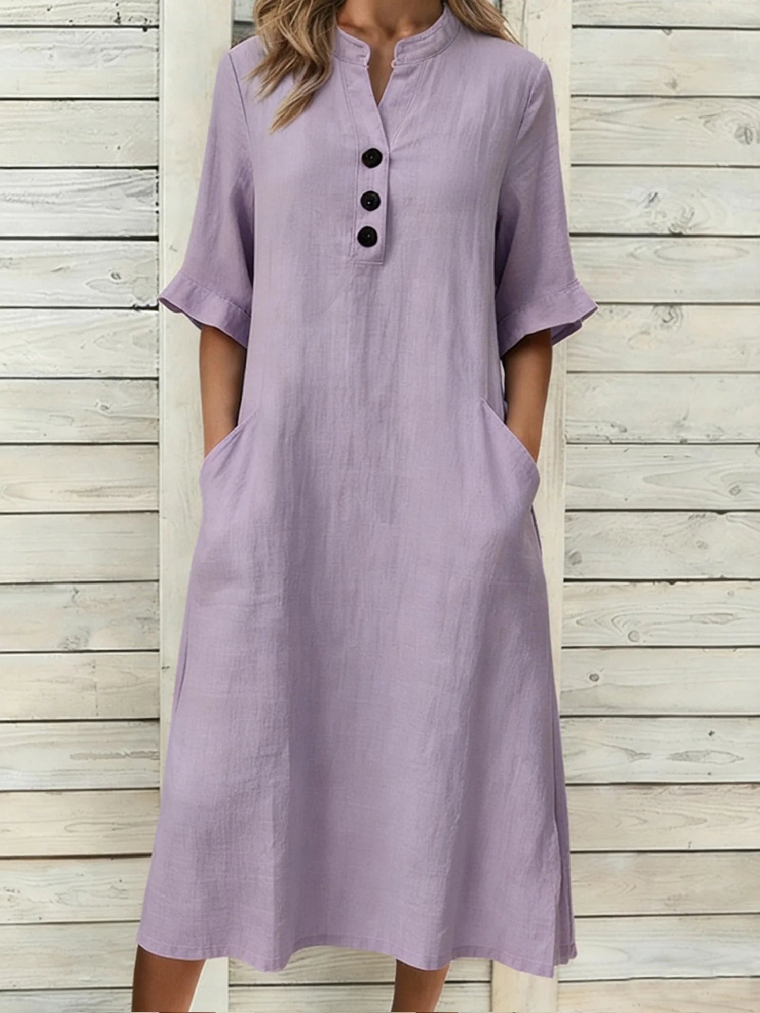 Casual Plain Stand Collar Midi Dress