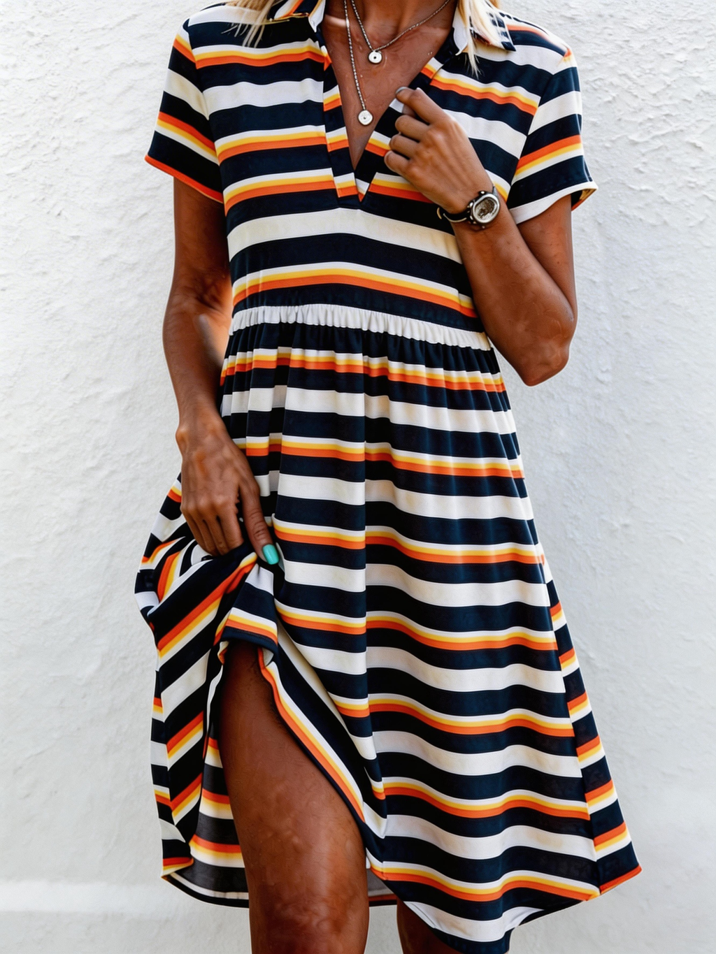 Women’s Striped V Neck Short Sleeve T Shirt Midi Dress Beach Vacation Dress