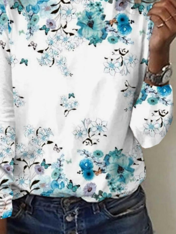 Women Casual Floral Spring/Fall Daily Loose Jersey Long Sleeve Crew Neck Regular T-shirts