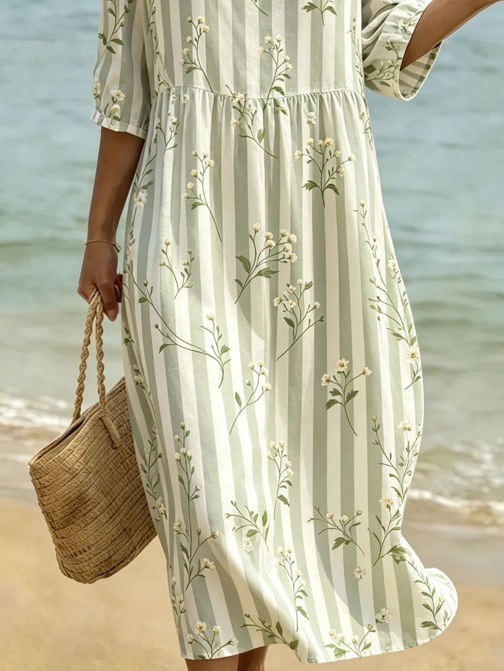 Women's As Picture Striped Floral Printed Casual Crew Neck Cotton-Blend Ocean Pattern Casual Midi Dress